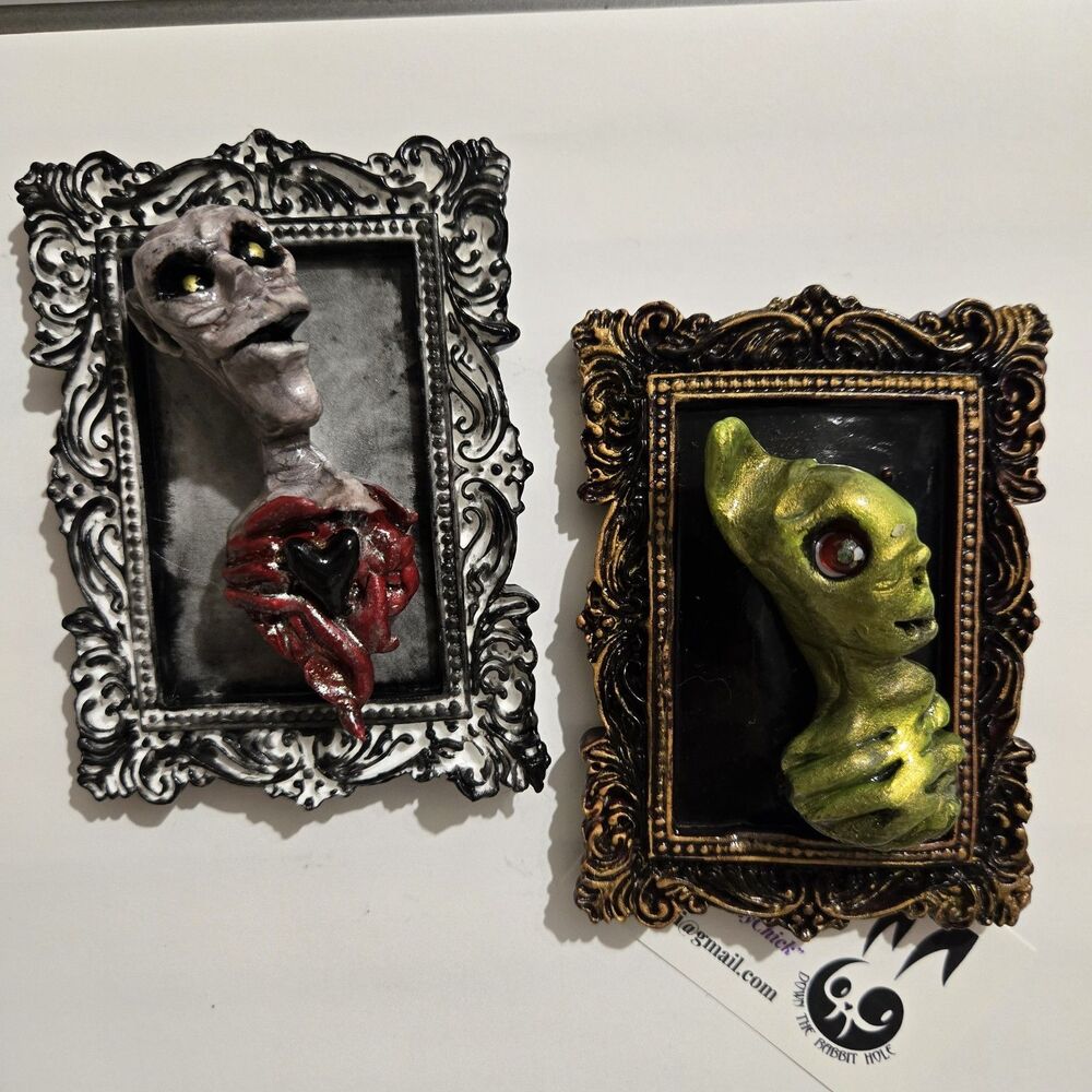 OOAK Oddity Art Sculpt Black Hearted Demon & Alien Creature, Lot of 2 Magnets